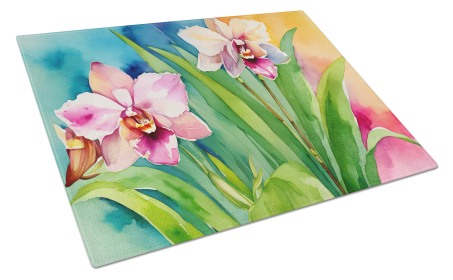 Flowers in Watercolor Glass Cutting Board (Dog Breed: Orchids 1555, size: large)
