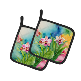 Flowers in Watercolor Pair of Pot Holders (Design: Orchids 1555, size: 7.5HX7.5W)