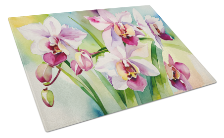 Flowers in Watercolor Glass Cutting Board (Dog Breed: Orchids 1557, size: large)