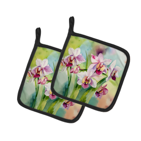 Flowers in Watercolor Pair of Pot Holders (Design: Orchids 1557, size: 7.5HX7.5W)