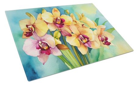 Flowers in Watercolor Glass Cutting Board (Dog Breed: Orchids 1558, size: large)