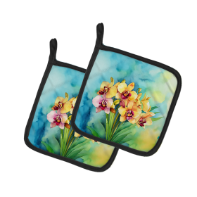 Flowers in Watercolor Pair of Pot Holders (Design: Orchids 1558, size: 7.5HX7.5W)