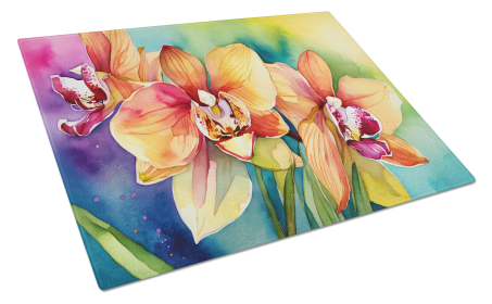 Flowers in Watercolor Glass Cutting Board (Dog Breed: Orchids 1559, size: large)