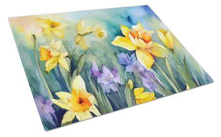 Flowers in Watercolor Glass Cutting Board (Dog Breed: Daffodils 1561, size: large)
