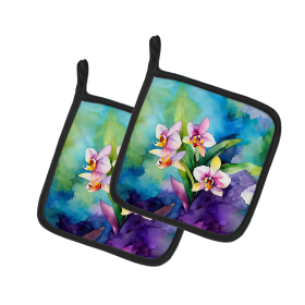 Flowers in Watercolor Pair of Pot Holders (Design: Orchids 1562, size: 7.5HX7.5W)