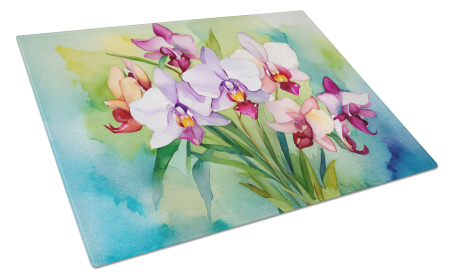 Flowers in Watercolor Glass Cutting Board (Dog Breed: Orchids 1563, size: large)
