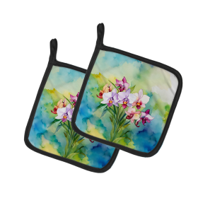 Flowers in Watercolor Pair of Pot Holders (Design: Orchids 1563, size: 7.5HX7.5W)