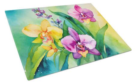 Flowers in Watercolor Glass Cutting Board (Dog Breed: Orchids 1564, size: large)