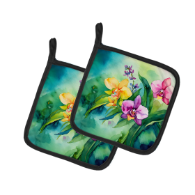 Flowers in Watercolor Pair of Pot Holders (Design: Orchids 1564, size: 7.5HX7.5W)