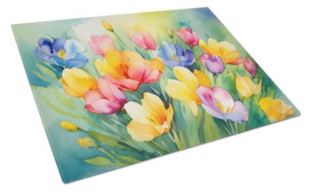 Flowers in Watercolor Glass Cutting Board (Dog Breed: Freesias 1565, size: large)