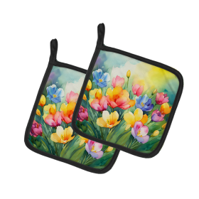 Flowers in Watercolor Pair of Pot Holders (Design: Freesias 1565, size: 7.5HX7.5W)