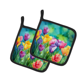 Flowers in Watercolor Pair of Pot Holders (Design: Freesias 1566, size: 7.5HX7.5W)