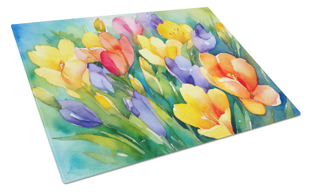 Flowers in Watercolor Glass Cutting Board (Dog Breed: Freesias 1567, size: large)