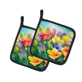 Flowers in Watercolor Pair of Pot Holders (Design: Freesias 1567, size: 7.5HX7.5W)