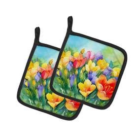 Flowers in Watercolor Pair of Pot Holders (Design: Freesias 1568, size: 7.5HX7.5W)