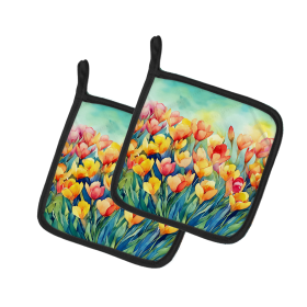 Flowers in Watercolor Pair of Pot Holders (Design: Freesias 1569, size: 7.5HX7.5W)