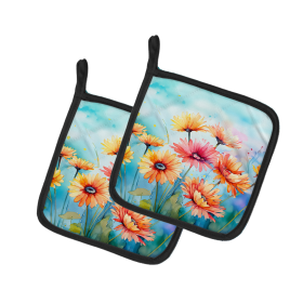 Flowers in Watercolor Pair of Pot Holders (Design: Gerbera Daisies 1570, size: 7.5HX7.5W)