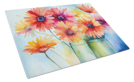 Flowers in Watercolor Glass Cutting Board (Dog Breed: Gerbera Daisies 1571, size: large)