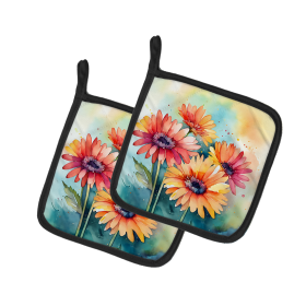 Flowers in Watercolor Pair of Pot Holders (Design: Gerbera Daisies 1572, size: 7.5HX7.5W)
