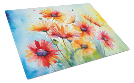 Flowers in Watercolor Glass Cutting Board (Dog Breed: Gerbera Daisies 1573, size: large)