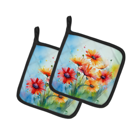Flowers in Watercolor Pair of Pot Holders (Design: Gerbera Daisies 1573, size: 7.5HX7.5W)