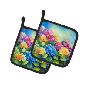 Flowers in Watercolor Pair of Pot Holders (Design: Hydrangeas 1574, size: 7.5HX7.5W)