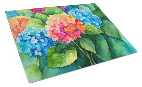 Flowers in Watercolor Glass Cutting Board (Dog Breed: Hydrangeas 1575, size: large)