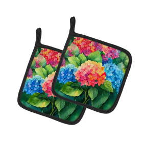 Flowers in Watercolor Pair of Pot Holders (Design: Hydrangeas 1575, size: 7.5HX7.5W)