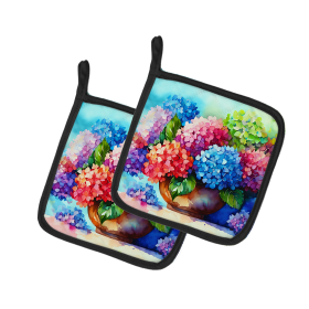 Flowers in Watercolor Pair of Pot Holders (Design: Hydrangeas 1576, size: 7.5HX7.5W)