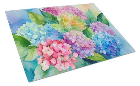 Flowers in Watercolor Glass Cutting Board (Dog Breed: Hydrangeas 1577, size: large)