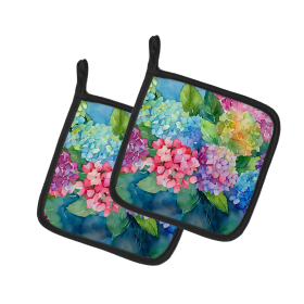 Flowers in Watercolor Pair of Pot Holders (Design: Hydrangeas 1577, size: 7.5HX7.5W)