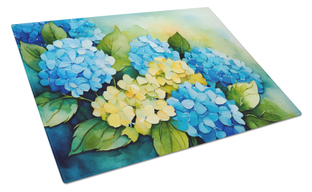 Flowers in Watercolor Glass Cutting Board (Dog Breed: Hydrangeas 1578, size: large)