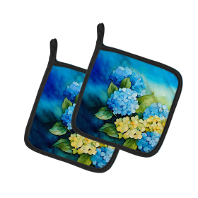 Flowers in Watercolor Pair of Pot Holders (Design: Hydrangeas 1578, size: 7.5HX7.5W)