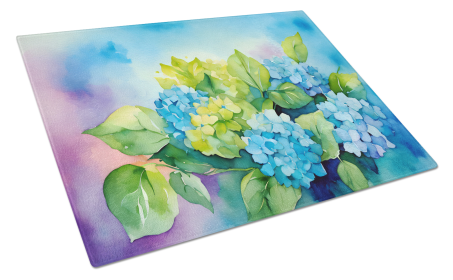 Flowers in Watercolor Glass Cutting Board (Dog Breed: Hydrangeas 1579, size: large)