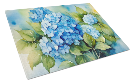 Flowers in Watercolor Glass Cutting Board (Dog Breed: Hydrangeas 1580, size: large)