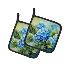 Flowers in Watercolor Pair of Pot Holders (Design: Hydrangeas 1580, size: 7.5HX7.5W)