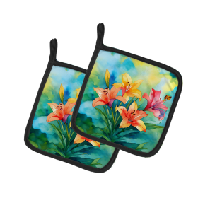 Flowers in Watercolor Pair of Pot Holders (Design: Lilies 1585, size: 7.5HX7.5W)