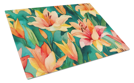 Flowers in Watercolor Glass Cutting Board (Dog Breed: Lilies 1587, size: large)
