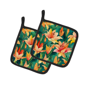 Flowers in Watercolor Pair of Pot Holders (Design: Lilies 1587, size: 7.5HX7.5W)