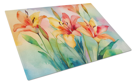 Flowers in Watercolor Glass Cutting Board (Dog Breed: Lilies 1588, size: large)