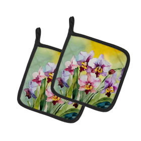 Flowers in Watercolor Pair of Pot Holders (Design: Orchids 1589, size: 7.5HX7.5W)