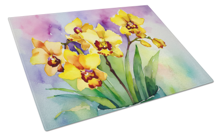 Flowers in Watercolor Glass Cutting Board (Dog Breed: Orchids 1590, size: large)