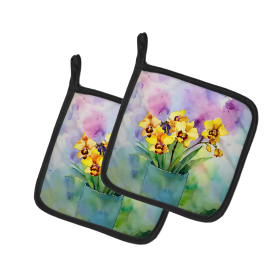 Flowers in Watercolor Pair of Pot Holders (Design: Orchids 1590, size: 7.5HX7.5W)