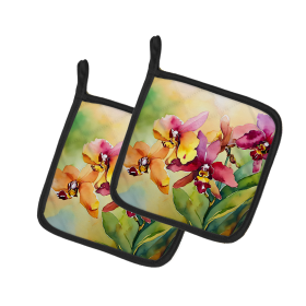 Flowers in Watercolor Pair of Pot Holders (Design: Orchids 1591, size: 7.5HX7.5W)