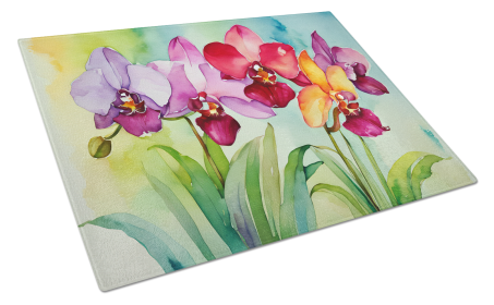 Flowers in Watercolor Glass Cutting Board (Dog Breed: Orchids 1592, size: large)