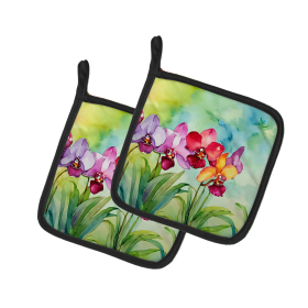 Flowers in Watercolor Pair of Pot Holders (Design: Orchids 1592, size: 7.5HX7.5W)