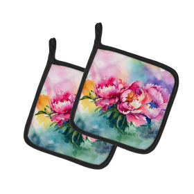 Flowers in Watercolor Pair of Pot Holders (Design: Peonies 1594, size: 7.5HX7.5W)
