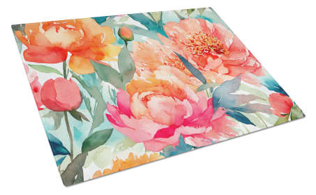 Flowers in Watercolor Glass Cutting Board (Dog Breed: Peonies 1596, size: large)
