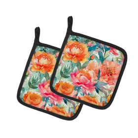 Flowers in Watercolor Pair of Pot Holders (Design: Peonies 1596, size: 7.5HX7.5W)