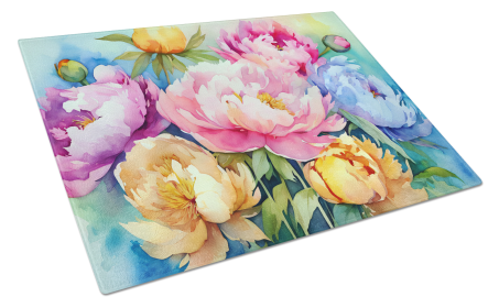 Flowers in Watercolor Glass Cutting Board (Dog Breed: Peonies 1597, size: large)